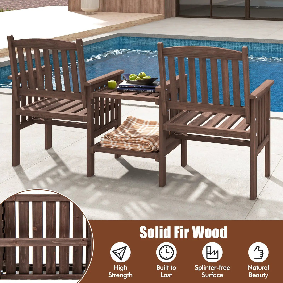 Outdoor Fir Wood Loveseat with 2-Tier Side Table and 1.96" Umbrella Hole, photo 7 of 9