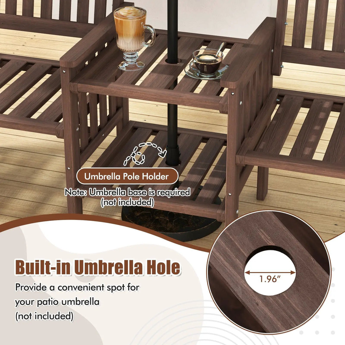 Outdoor Fir Wood Loveseat with 2-Tier Side Table and 1.96" Umbrella Hole, photo 8 of 9