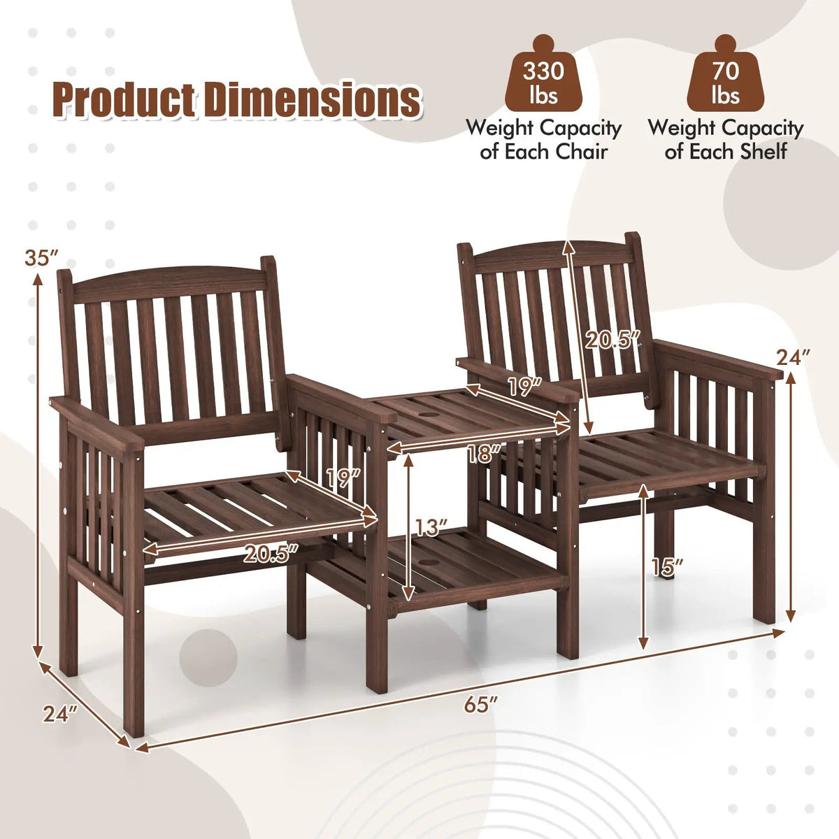 Outdoor Fir Wood Loveseat with 2-Tier Side Table and 1.96" Umbrella Hole, photo 5 of 9