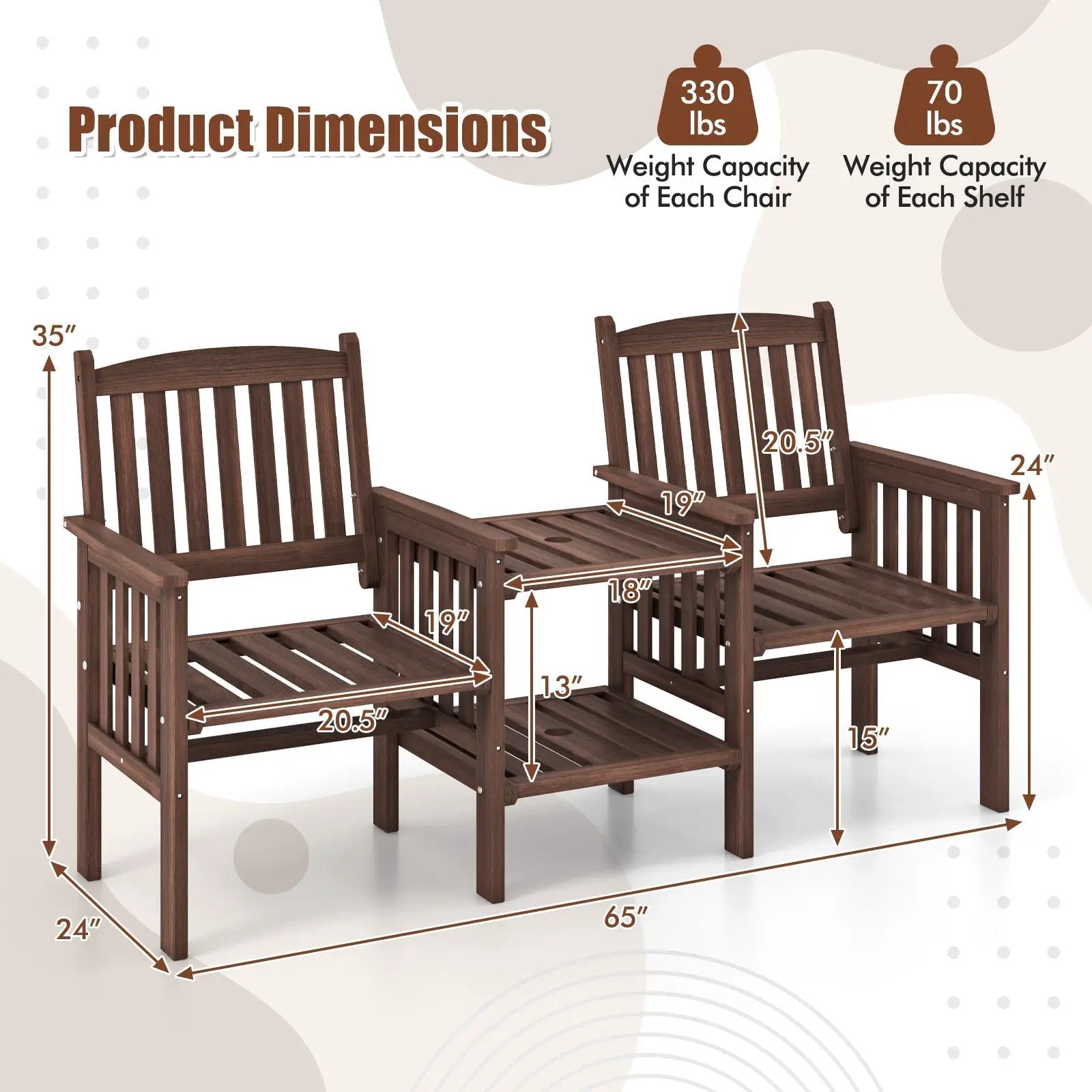 Outdoor Fir Wood Loveseat with 2-Tier Side Table and 1.96" Umbrella Hole by DirectDeals
