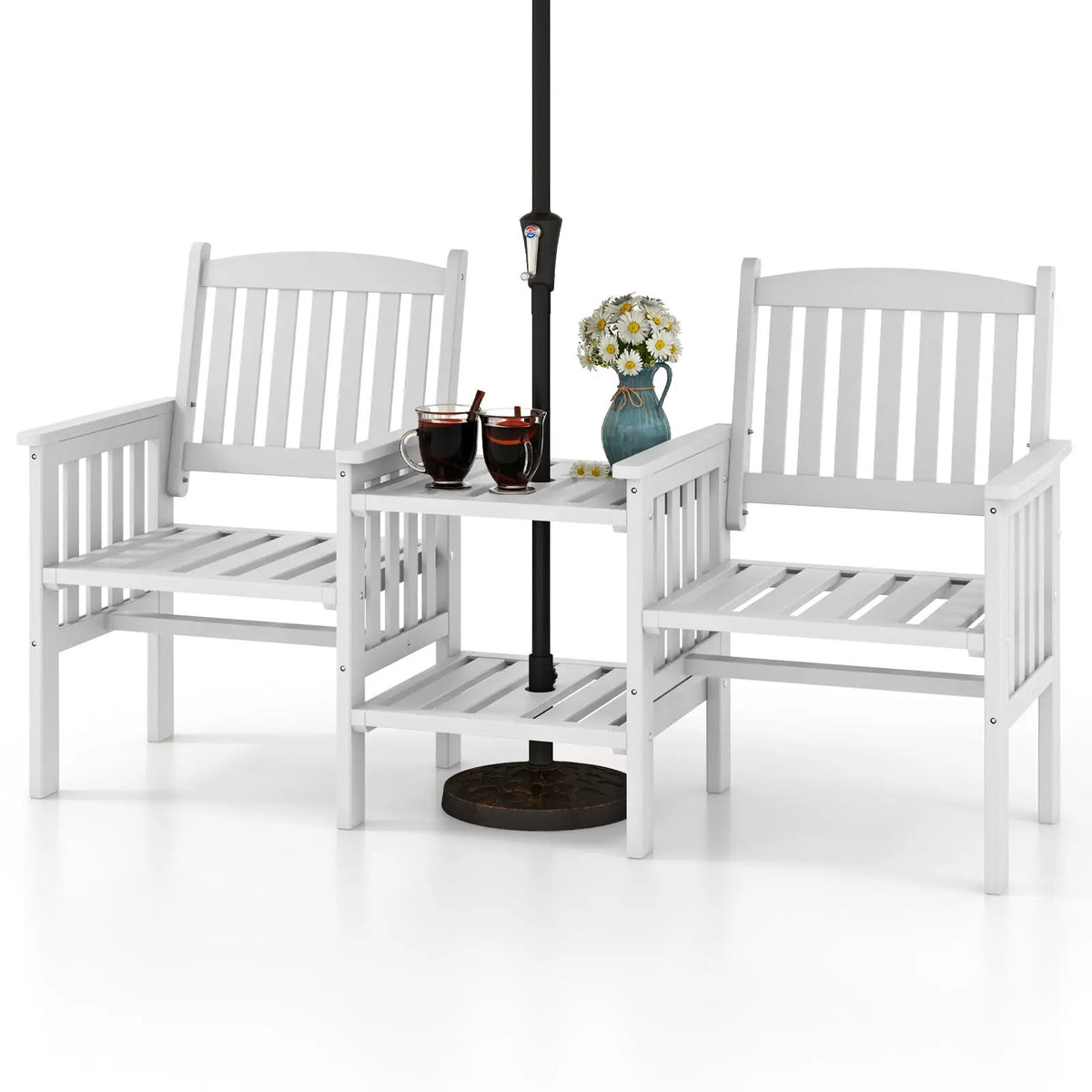 Outdoor Fir Wood Loveseat with 2-Tier Side Table and 1.96" Umbrella Hole, photo 9 of 9