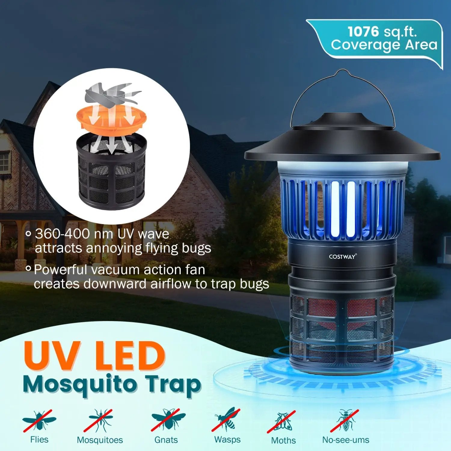 Outdoor Fly Trap with Light Rechargeable Electric Bug Catcher and Killer by DirectDeals