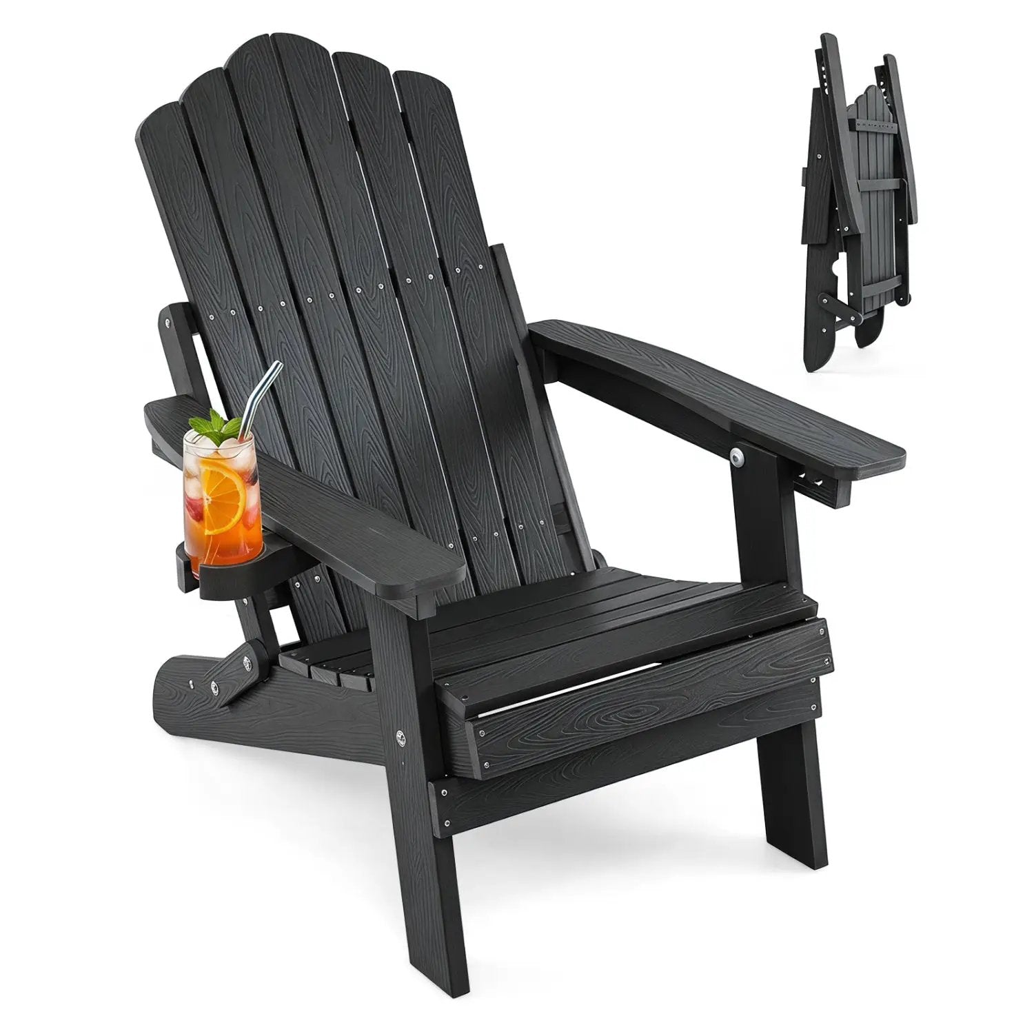 Folding Adirondack Chair with Adjustable Backrest & Cup Holder by DirectDeals