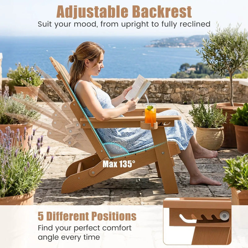 Folding Adirondack Chair with Adjustable Backrest & Cup Holder by DirectDeals
