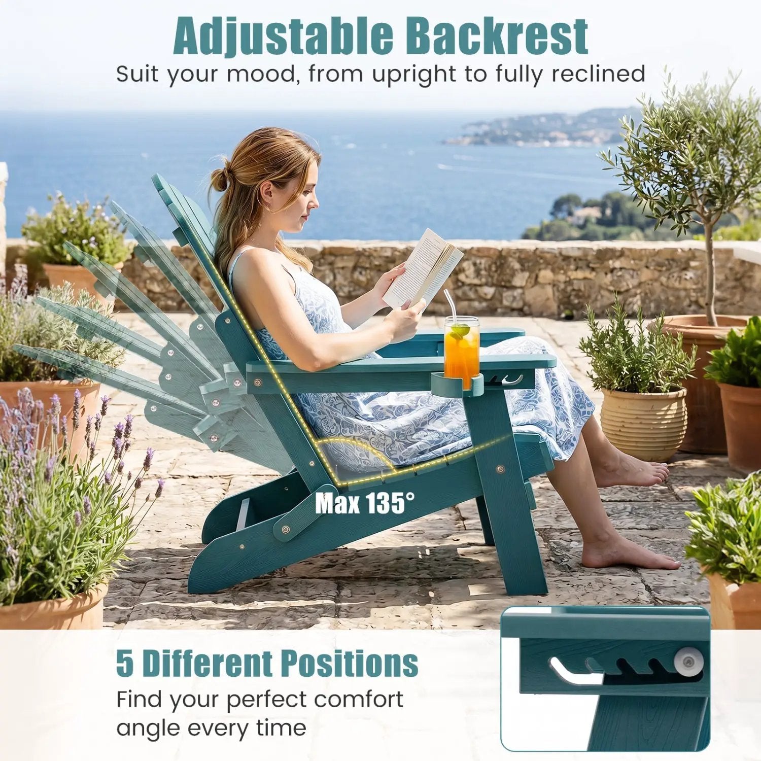 Folding Adirondack Chair with Adjustable Backrest & Cup Holder by DirectDeals