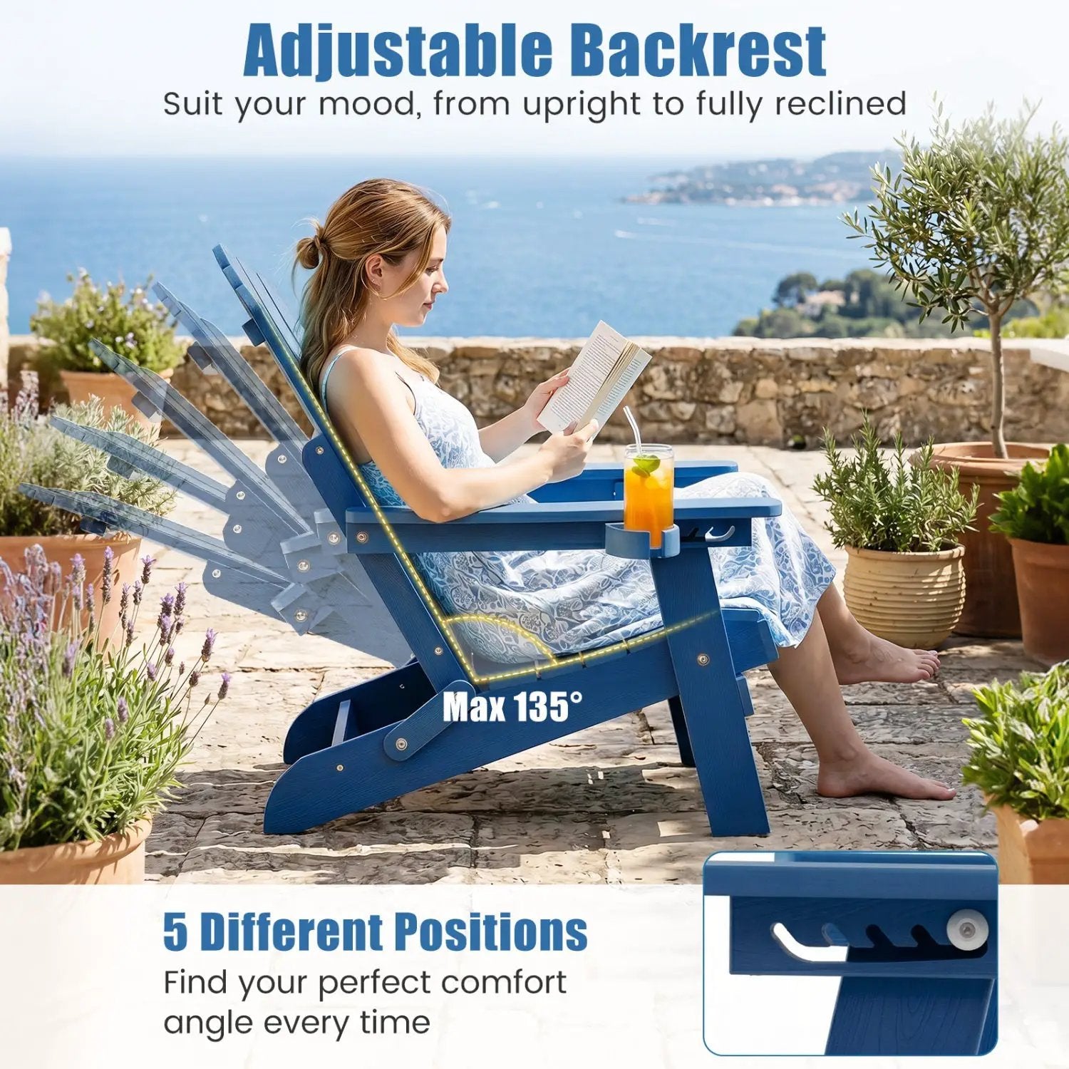 Folding Adirondack Chair with Adjustable Backrest & Cup Holder by DirectDeals