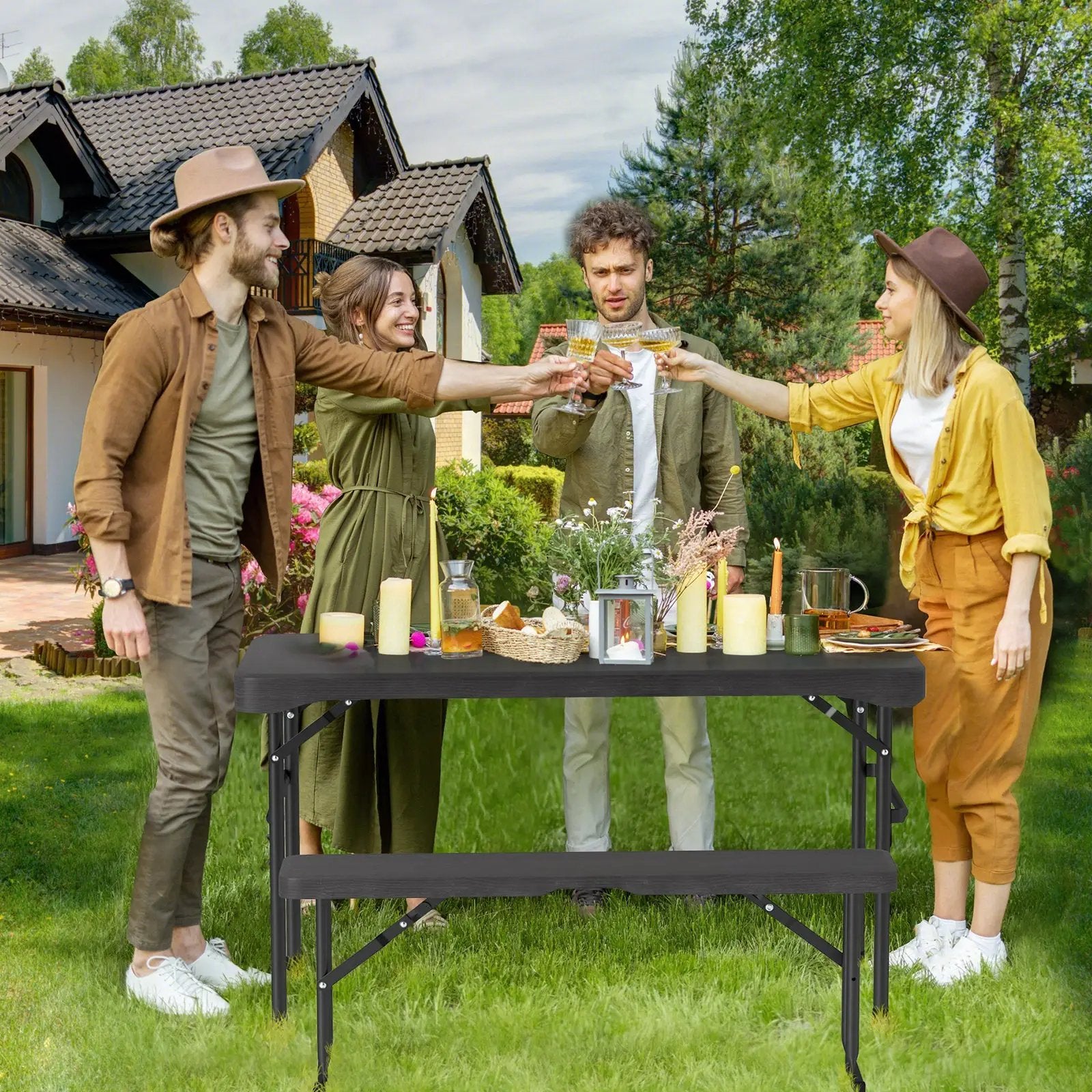 Outdoor Folding Table Bench Set w All-Weather HDPE Tabletop and Sturdy Metal Frame-Black by DirectDeals