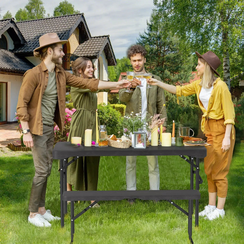 Outdoor Folding Table Bench Set w All-Weather HDPE Tabletop and Sturdy Metal Frame-Black by DirectDeals