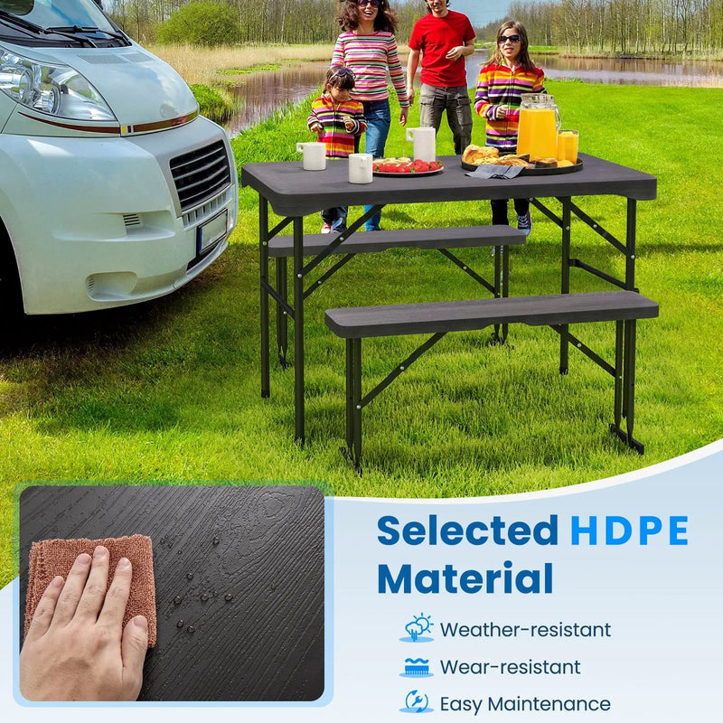 Outdoor Folding Table Bench Set w All-Weather HDPE Tabletop and Sturdy Metal Frame-Black by DirectDeals