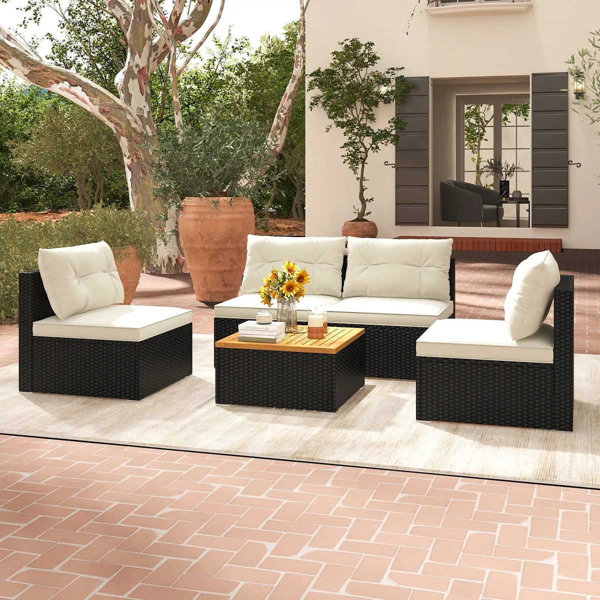 5 Piece Outdoor Furniture Set with Solid Tabletop and Soft Cushions, photo 2 of 11