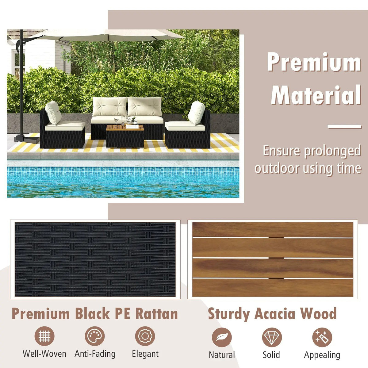 5 Piece Outdoor Furniture Set with Solid Tabletop and Soft Cushions, photo 7 of 11