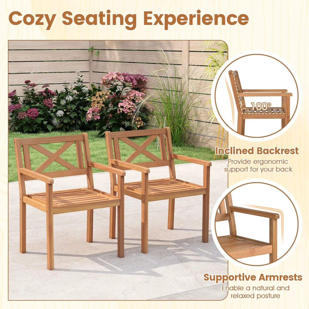 Outdoor Garden Acacia Wood Patio Dining Chairs for Porch, photo 7 of 16