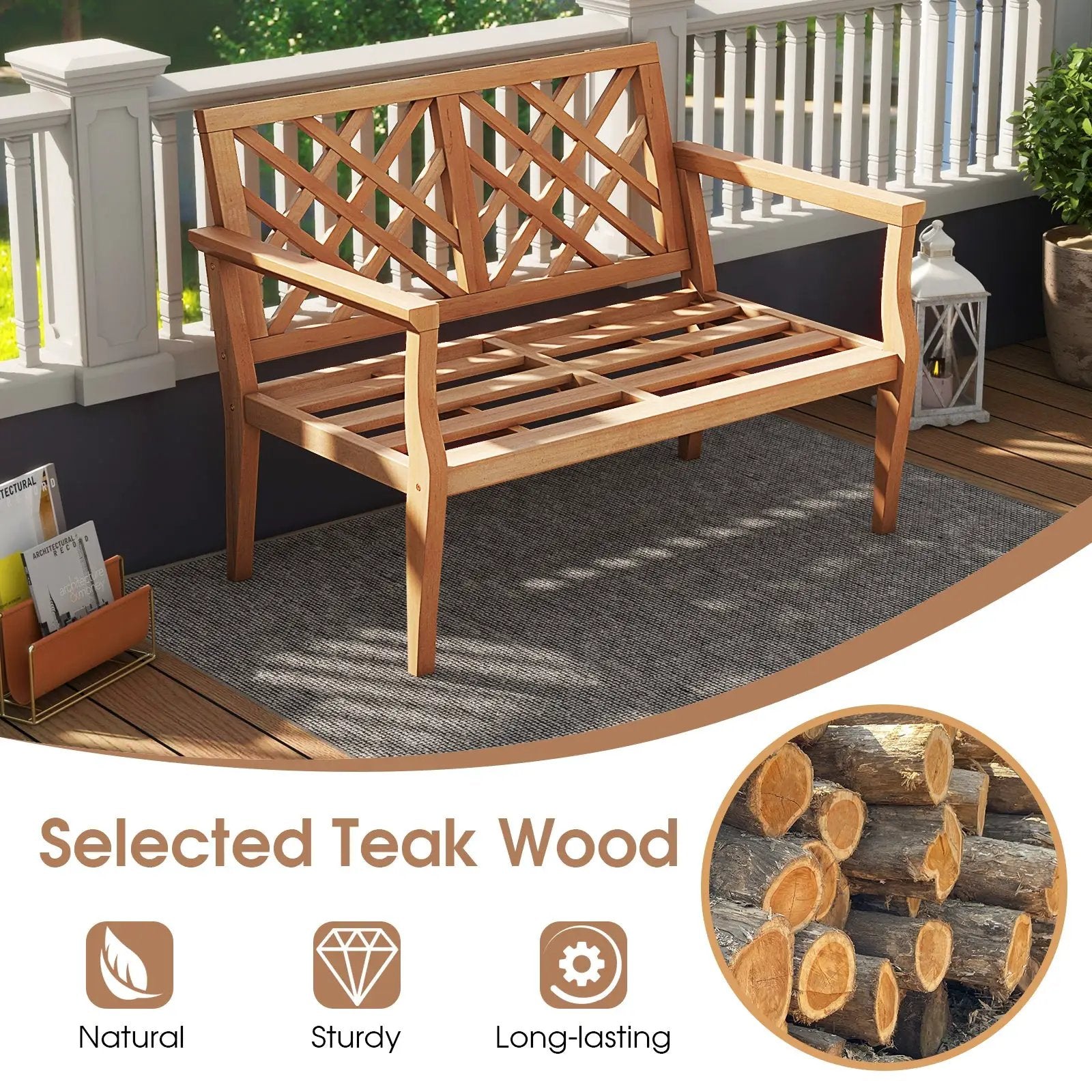 Outdoor Garden Bench 2-Person Teak Wood Bench with Comfy Armrests and Backrest by DirectDeals