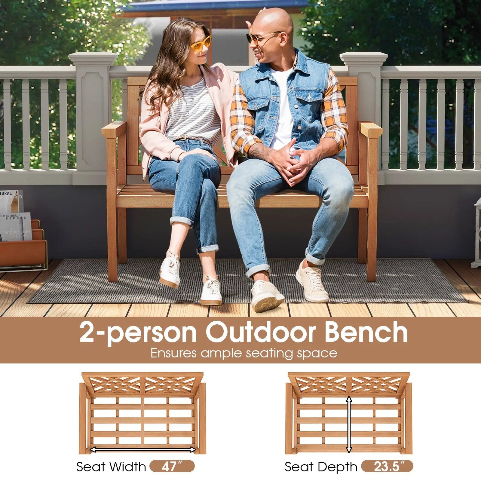 Outdoor Garden Bench 2-Person Teak Wood Bench with Comfy Armrests and Backrest by DirectDeals