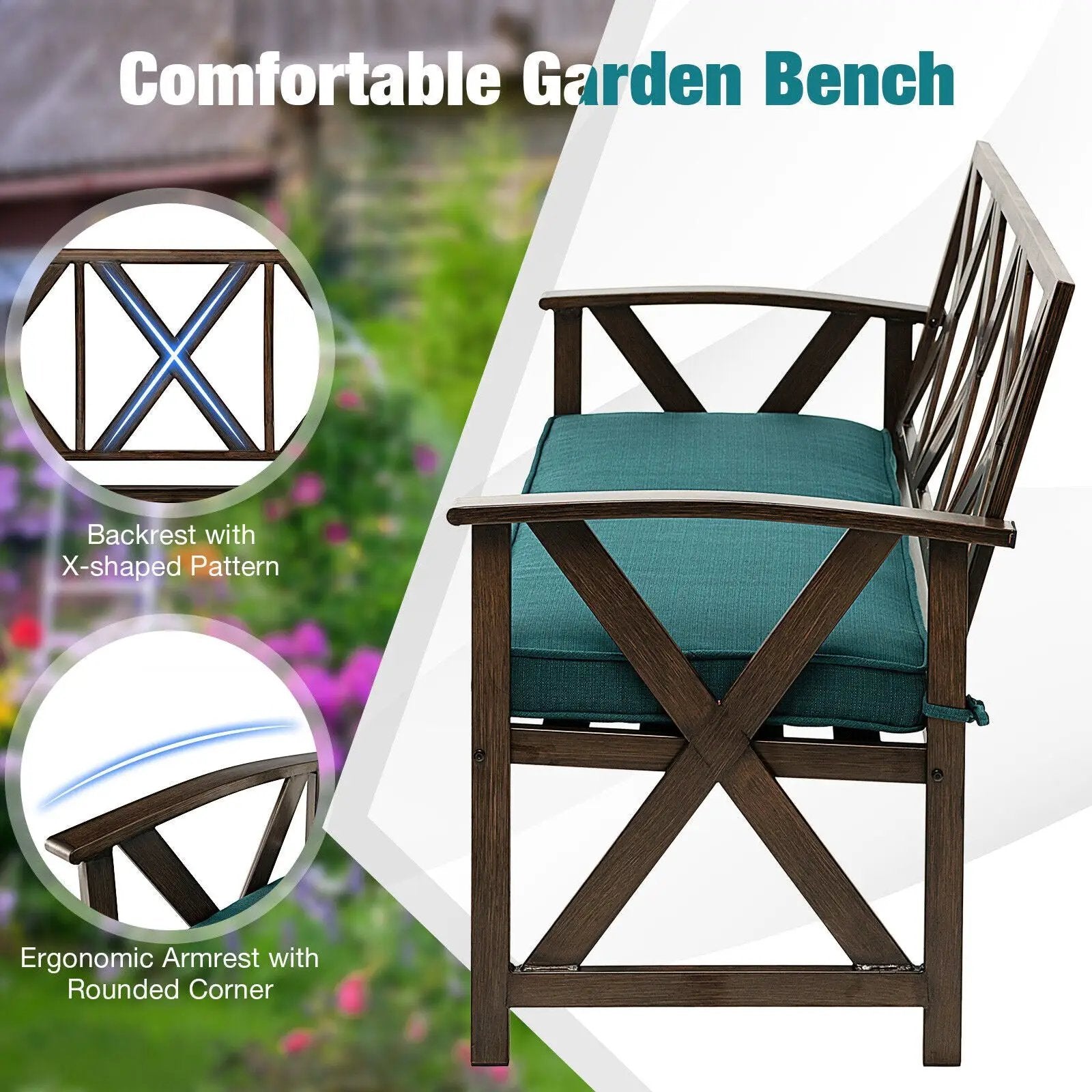 Outdoor Garden Bench with Sponge-Padded Cushion-Brown by DirectDeals