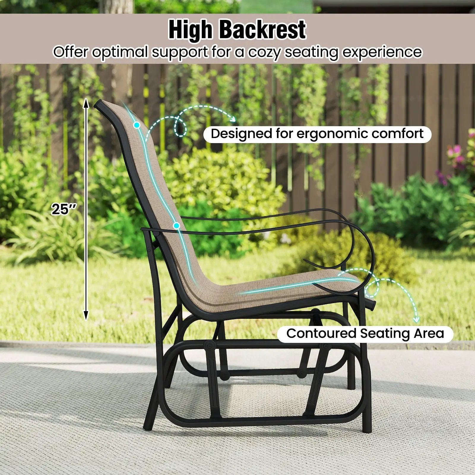 Outdoor Glider Chairs Set of 2 with High Backrest Breathable Mesh Fabric and Metal Frame-Black and Brown by DirectDeals