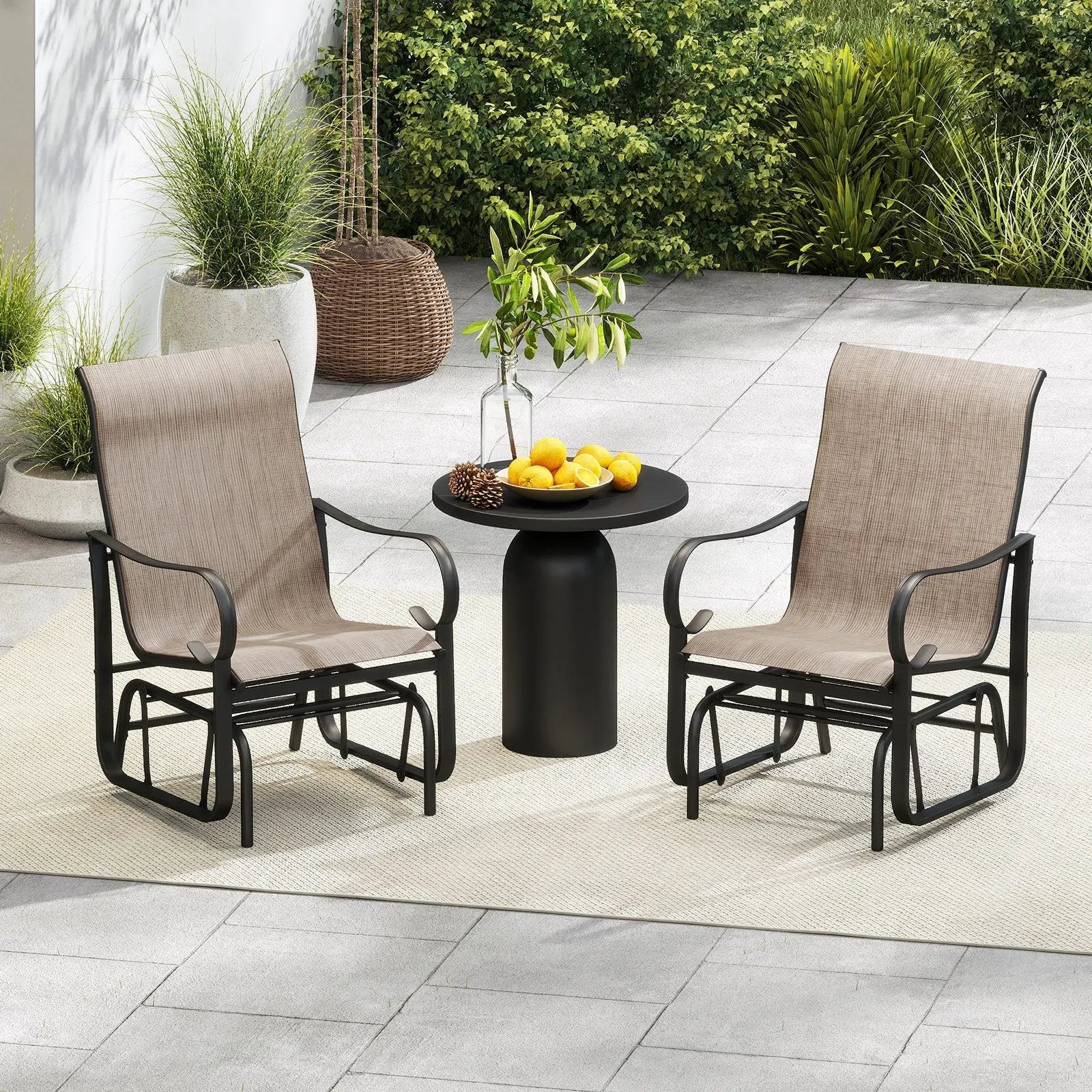 Outdoor Glider Chairs Set of 2 with High Backrest Breathable Mesh Fabric and Metal Frame-Black and Brown by DirectDeals