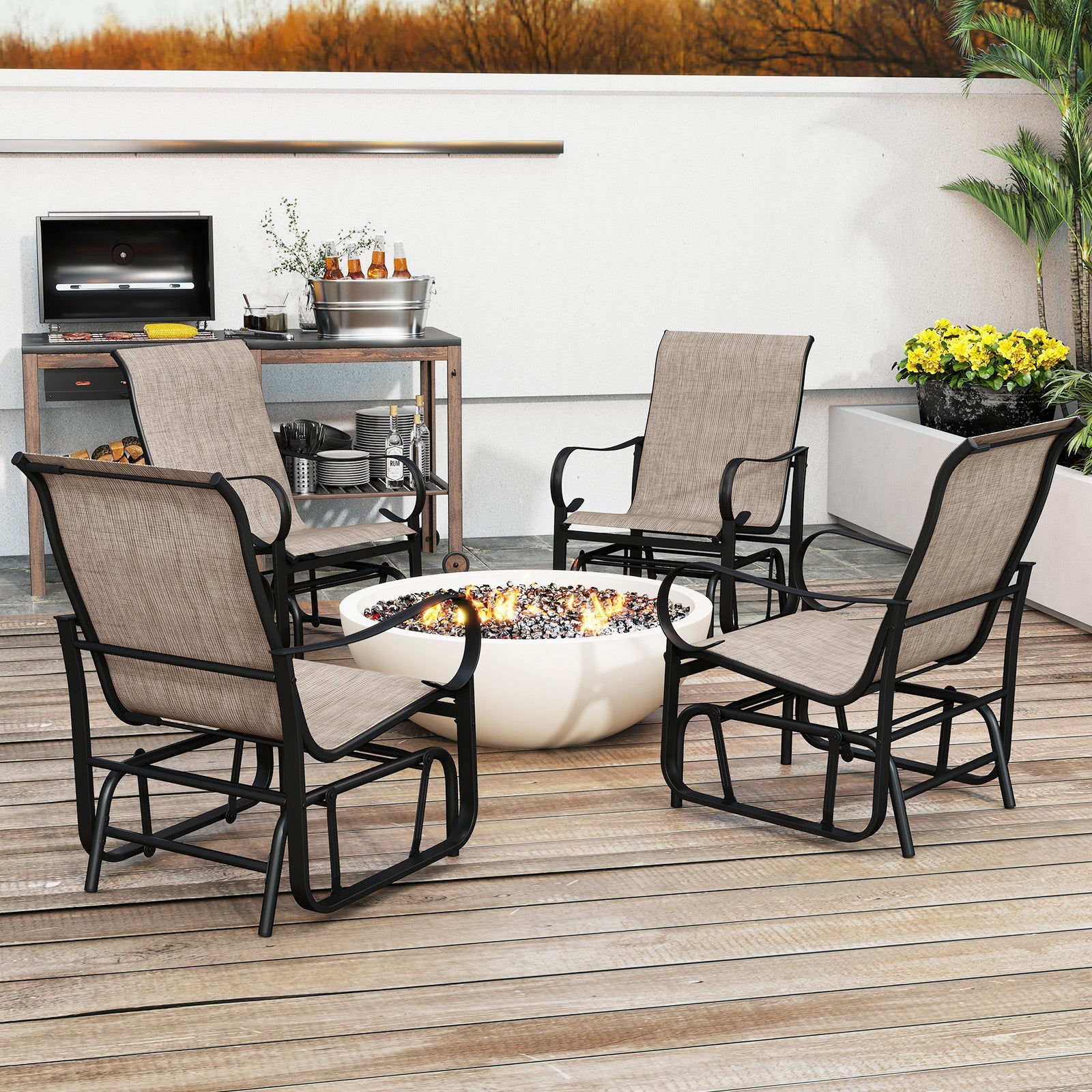 Outdoor Glider Chairs Set of 2 with High Backrest Breathable Mesh Fabric and Metal Frame-Black and Brown by DirectDeals