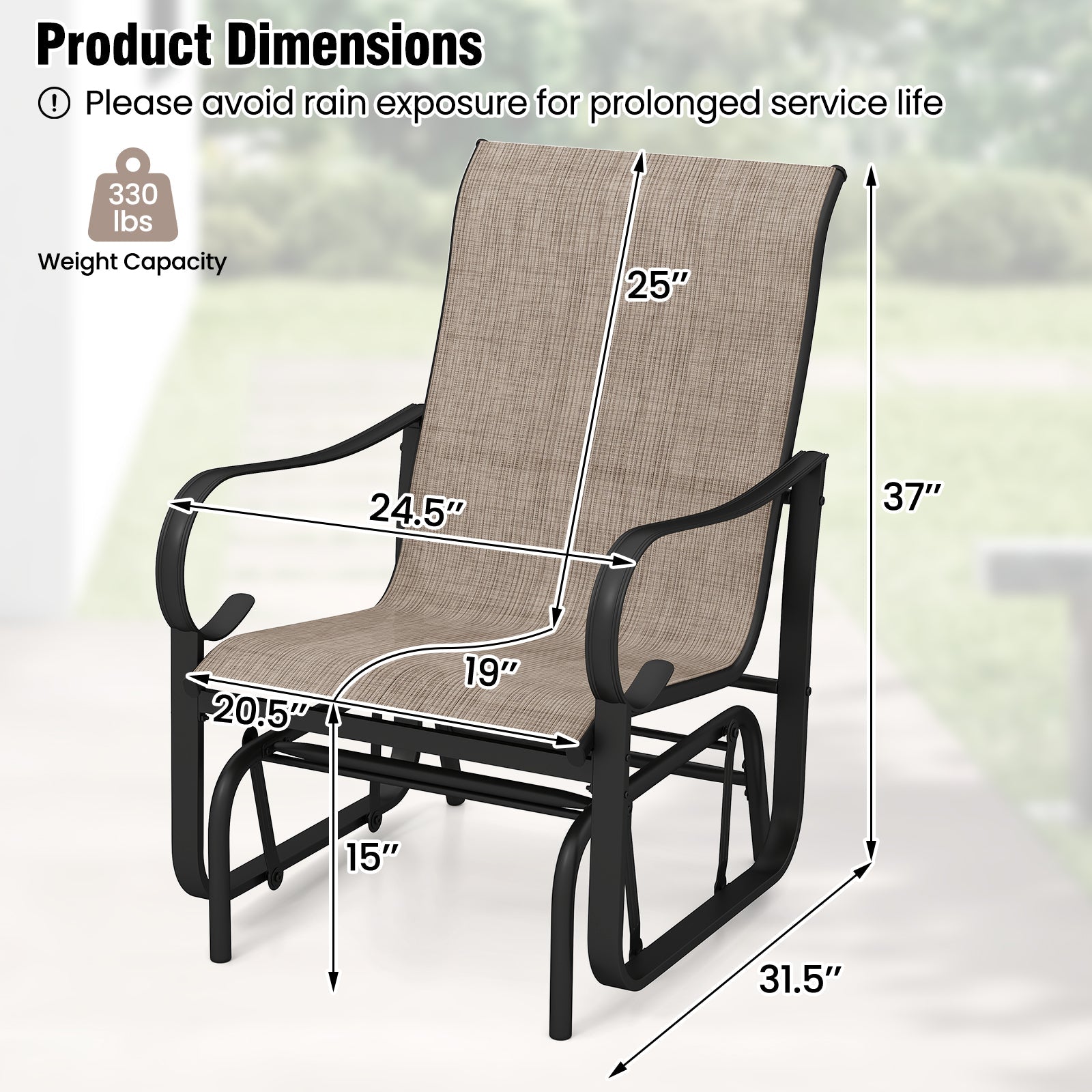 Outdoor Glider Chairs Set of 2 with High Backrest Breathable Mesh Fabric and Metal Frame-Black and Brown by DirectDeals
