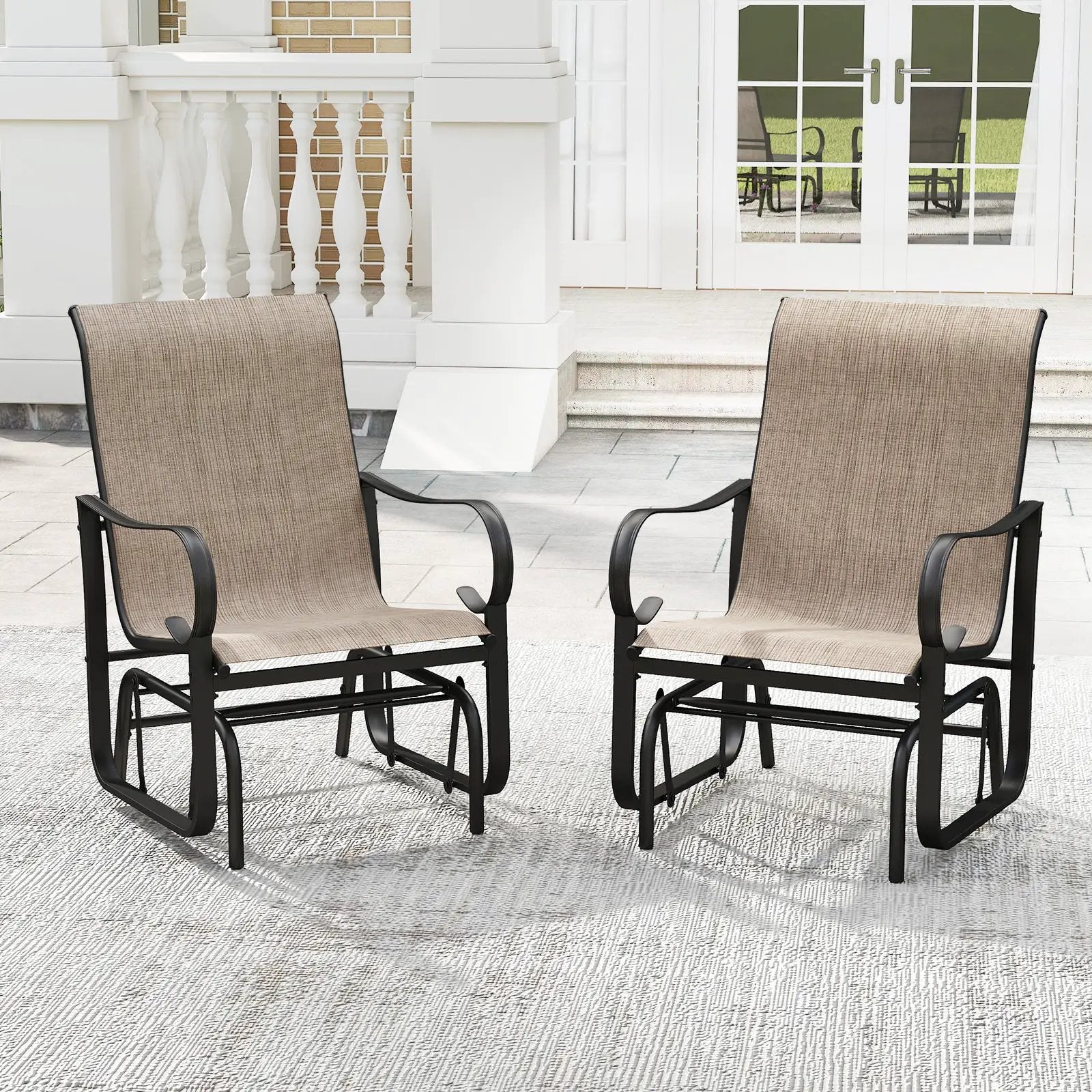 Outdoor Glider Chairs Set of 2 with High Backrest Breathable Mesh Fabric and Metal Frame-Black and Brown by DirectDeals
