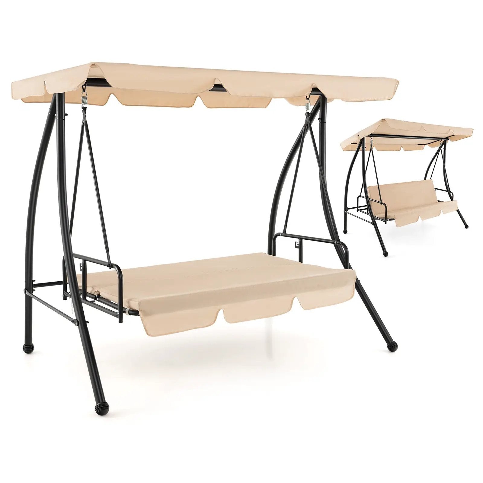 2-Seat Outdoor Convertible Swing Chair with Flat Bed and Adjustable Canopy-Beige by DirectDeals
