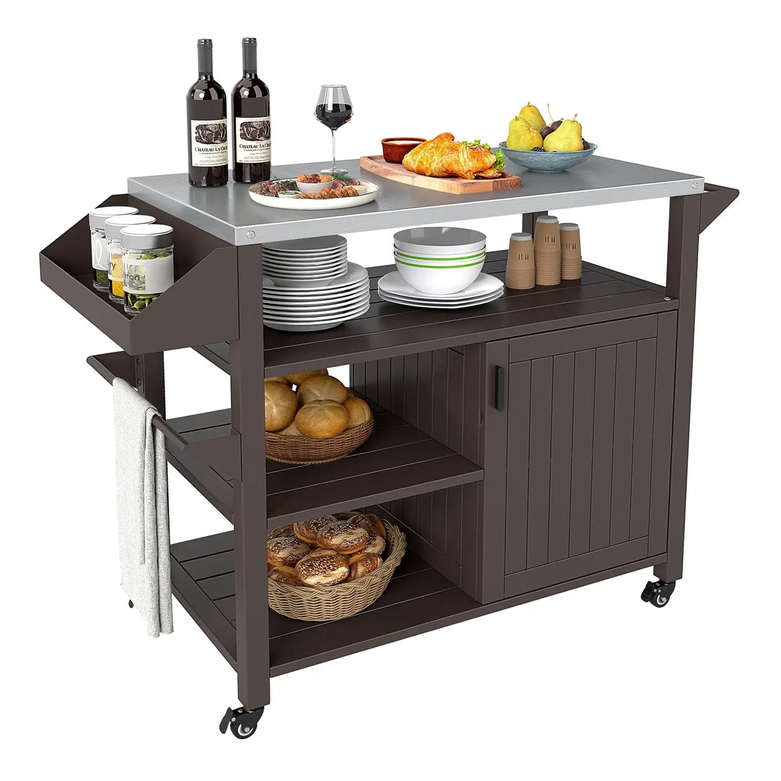 Outdoor Grill Cart with Storage Cabinet Shelves and Stainless Steel Top-Brown by DirectDeals