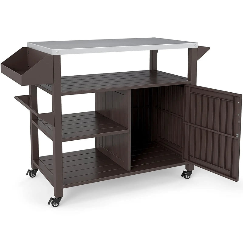 Outdoor Grill Cart with Storage Cabinet Shelves and Stainless Steel Top-Brown by DirectDeals
