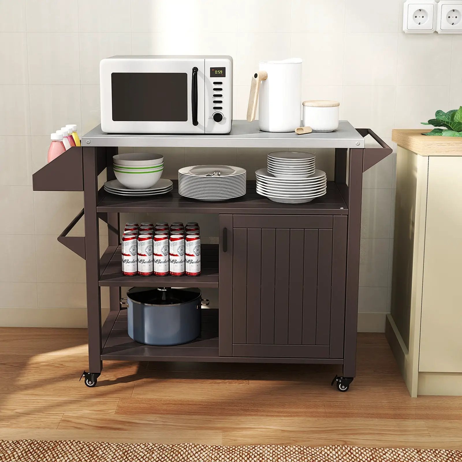 Outdoor Grill Cart with Storage Cabinet Shelves and Stainless Steel Top-Brown by DirectDeals