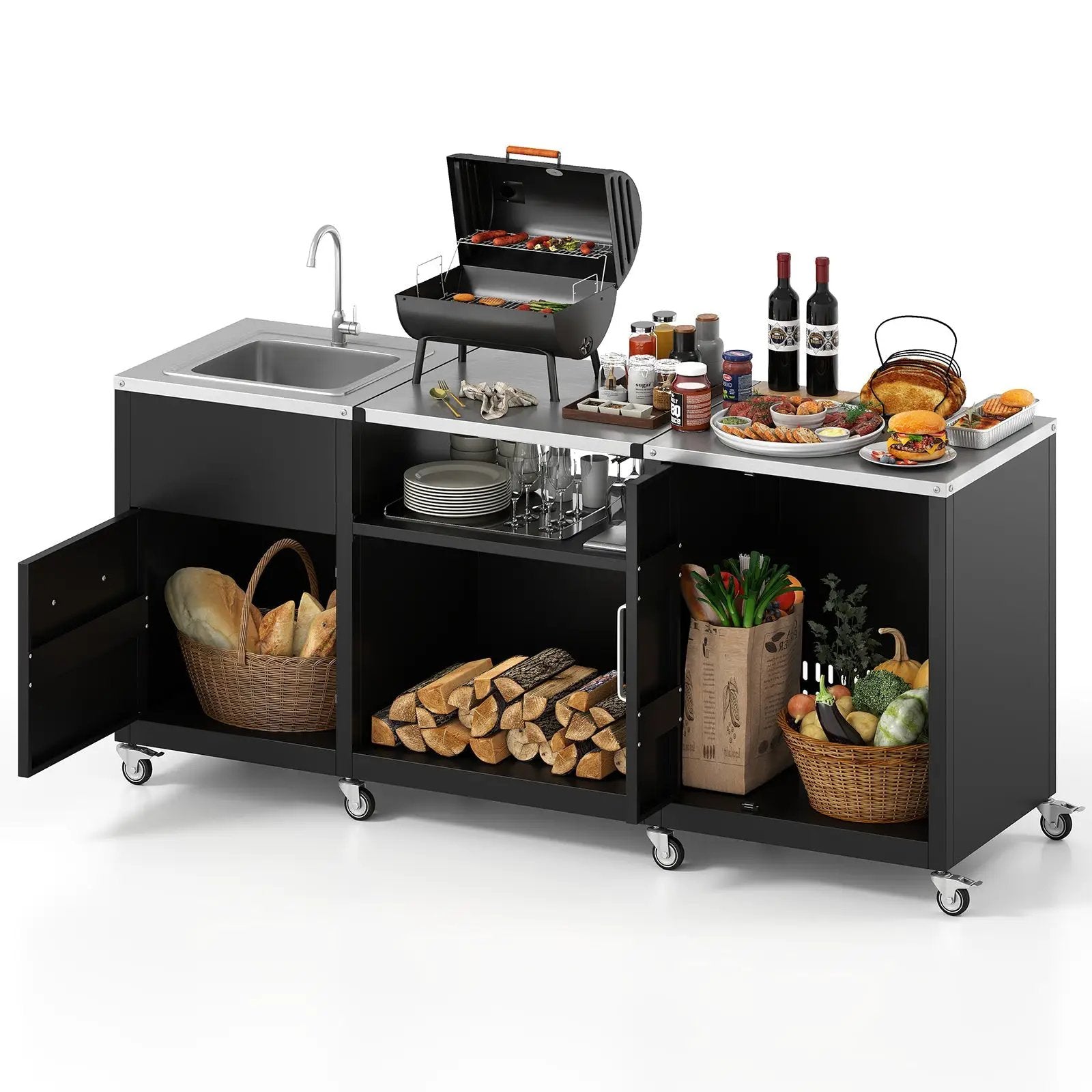 Outdoor Grill Table with Sink and Drainage Heavy Duty Metal Grill Cart-Black by DirectDeals