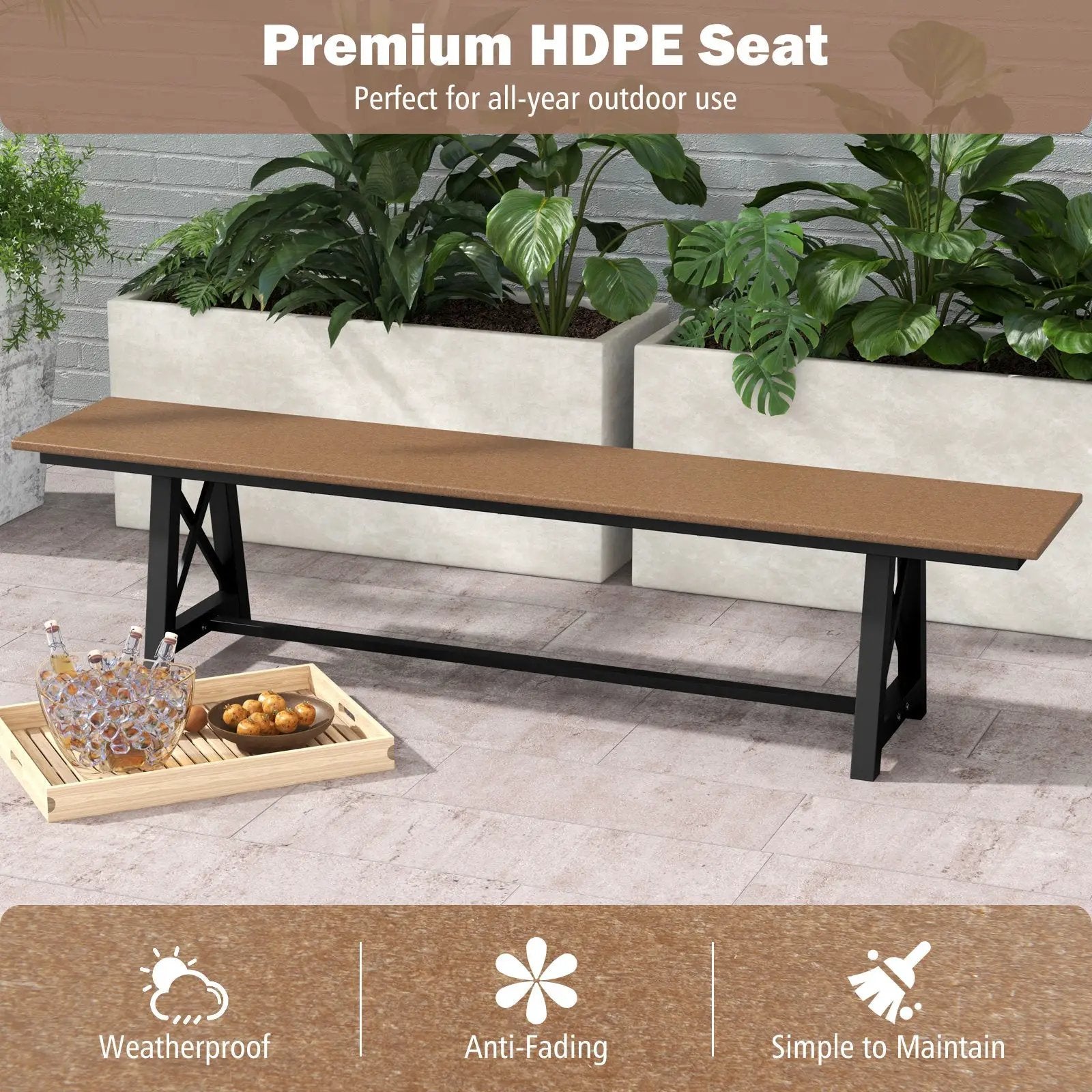 3-4 Person Outdoor HDPE Bench with Metal Frame-Brown by DirectDeals