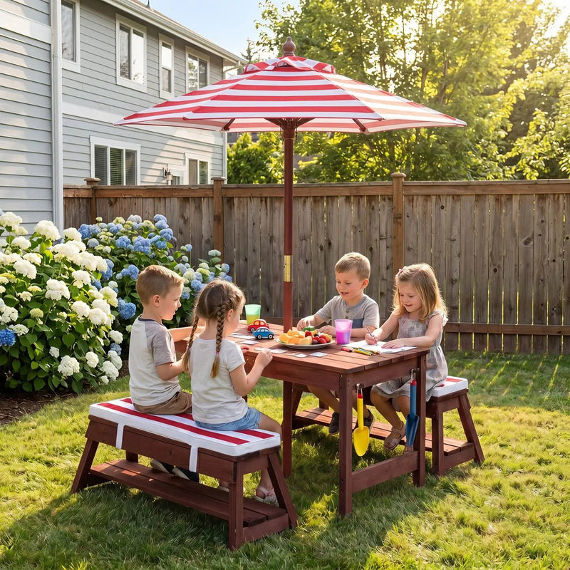 Kids Wooden Picnic Table Set with Umbrella and Sand Boxes by DirectDeals