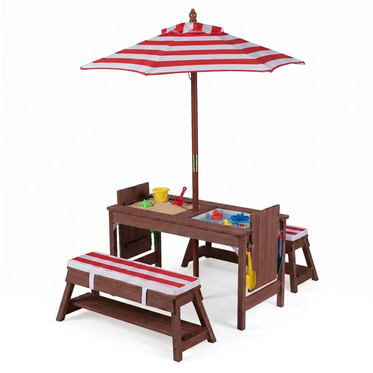 Kids Wooden Picnic Table Set with Umbrella and Sand Boxes by DirectDeals