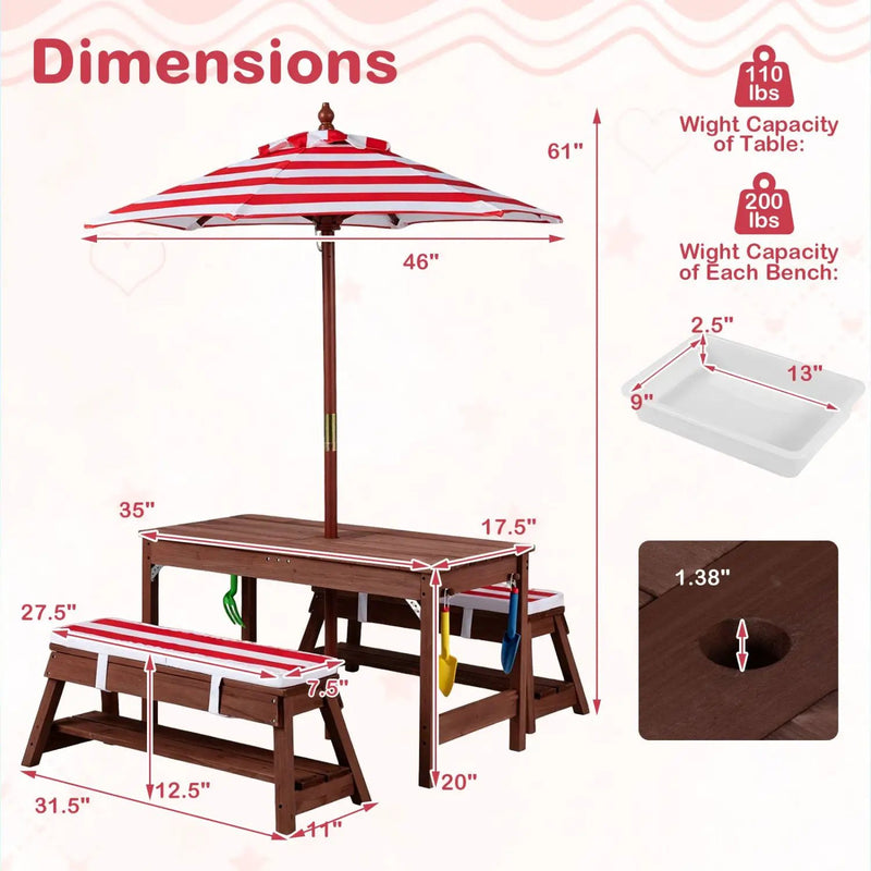 Kids Wooden Picnic Table Set with Umbrella and Sand Boxes by DirectDeals