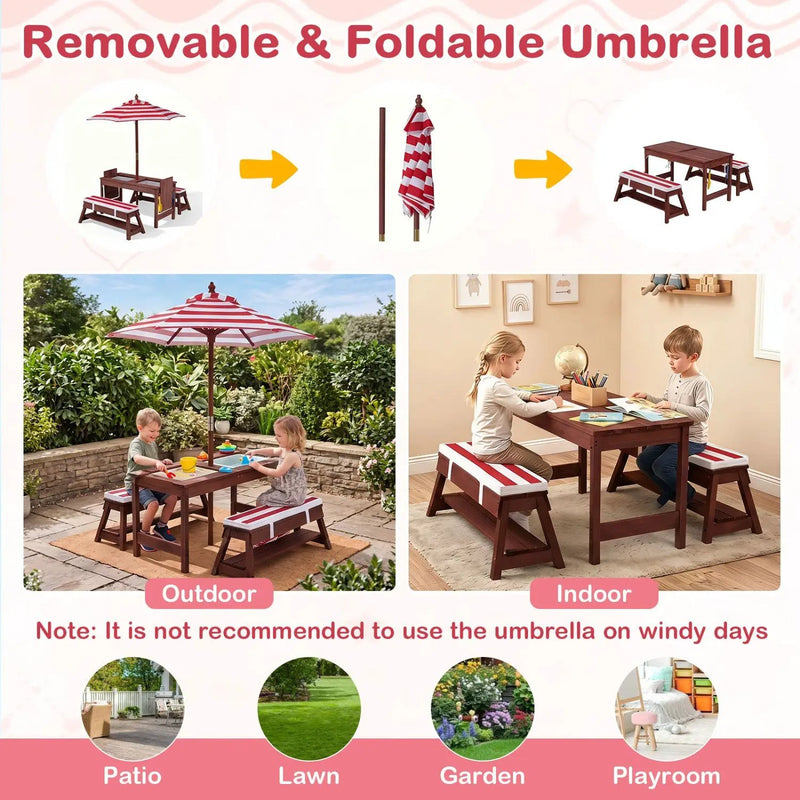Kids Wooden Picnic Table Set with Umbrella and Sand Boxes by DirectDeals