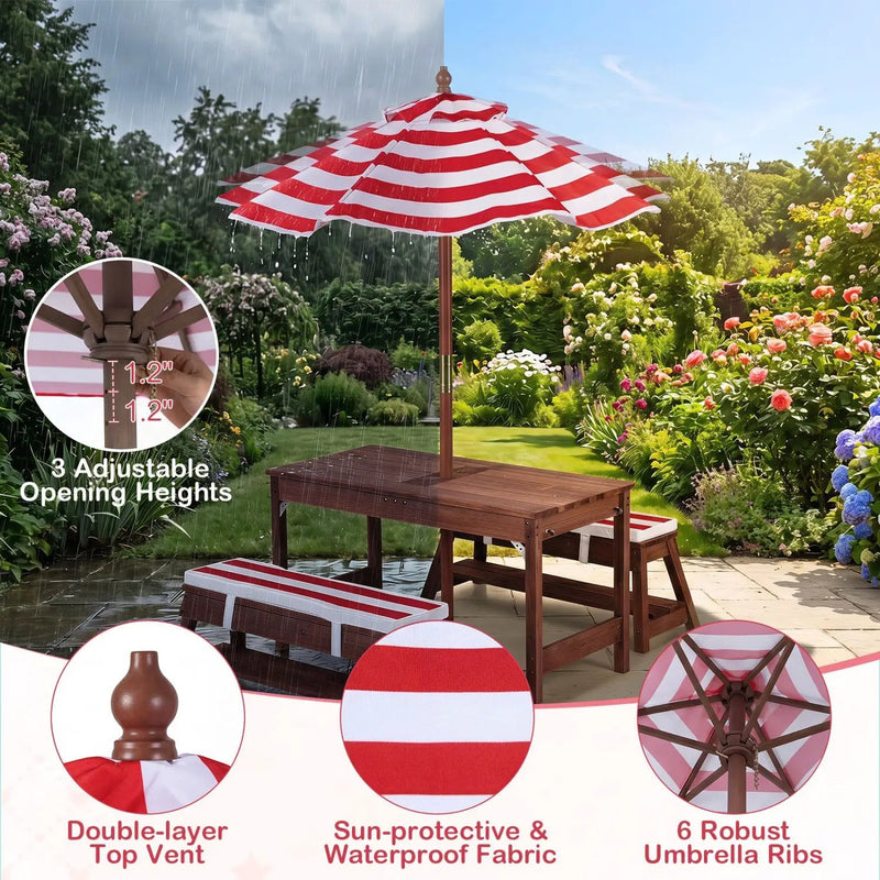 Kids Wooden Picnic Table Set with Umbrella and Sand Boxes by DirectDeals