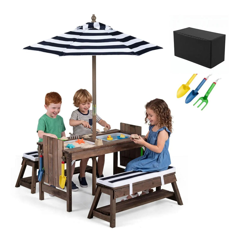 Kids Wooden Picnic Table Set with Umbrella and Sand Boxes by DirectDeals