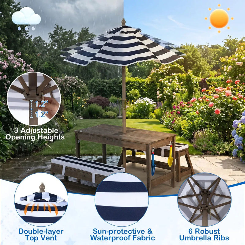Kids Wooden Picnic Table Set with Umbrella and Sand Boxes by DirectDeals