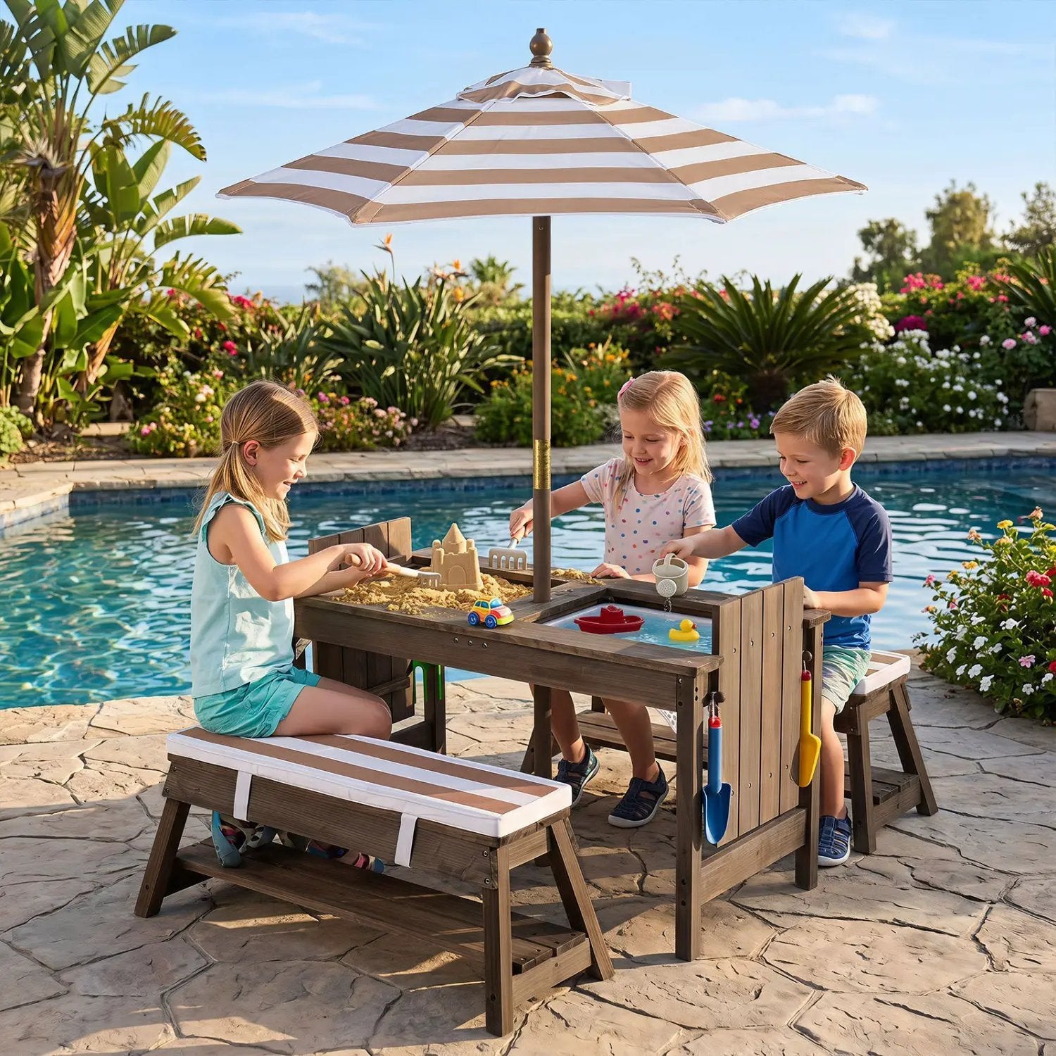 Kids Wooden Picnic Table Set with Umbrella and Sand Boxes by DirectDeals