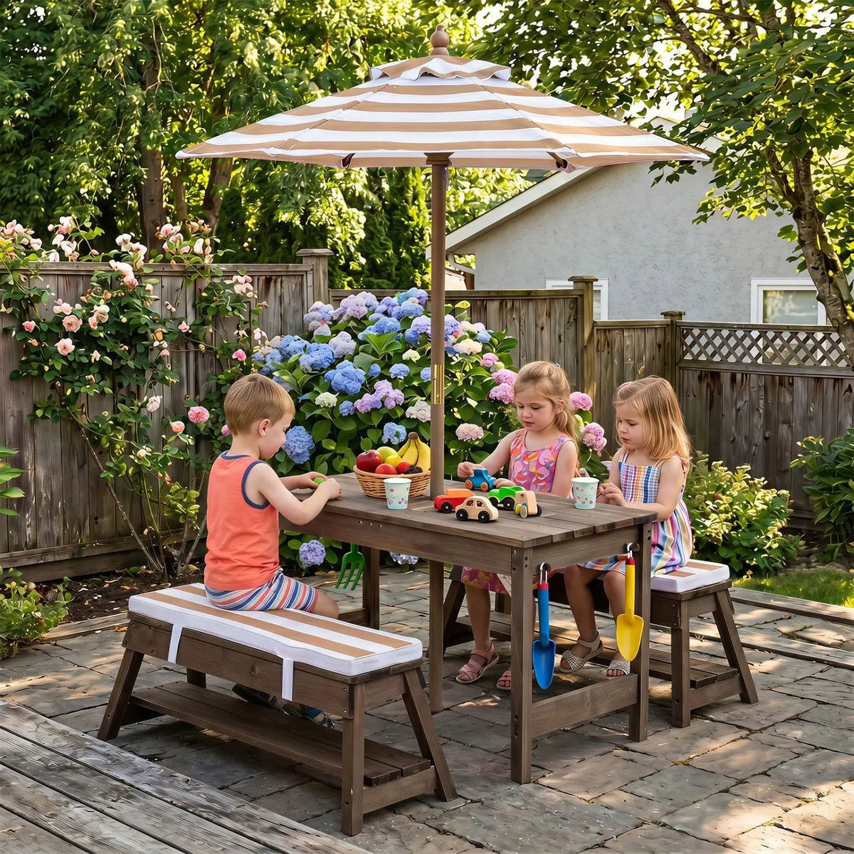 Kids Wooden Picnic Table Set with Umbrella and Sand Boxes, photo 10 of 16