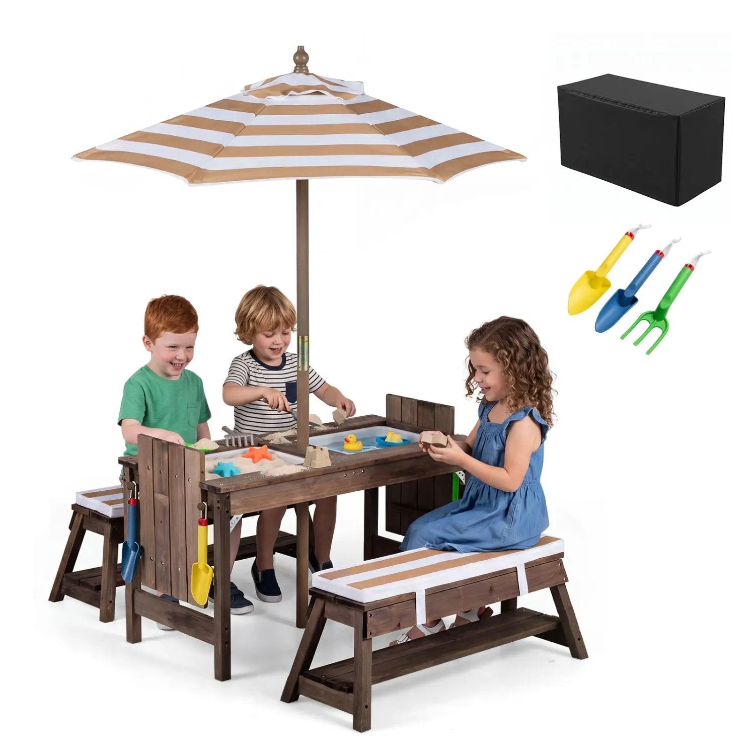 Kids Wooden Picnic Table Set with Umbrella and Sand Boxes by DirectDeals