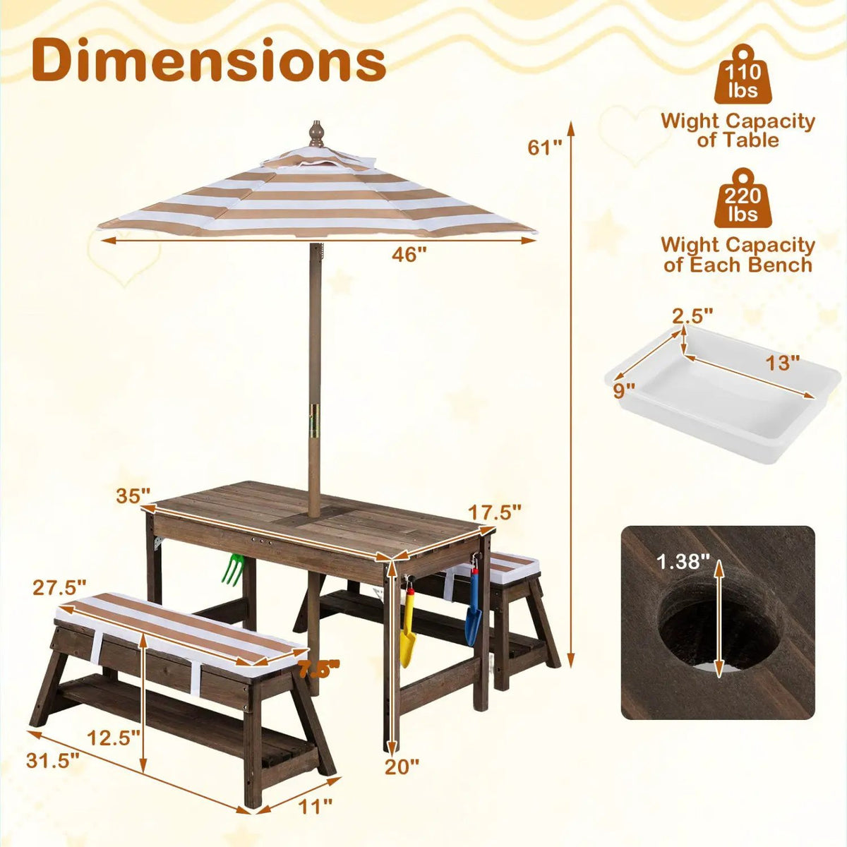 Kids Wooden Picnic Table Set with Umbrella and Sand Boxes, photo 13 of 16