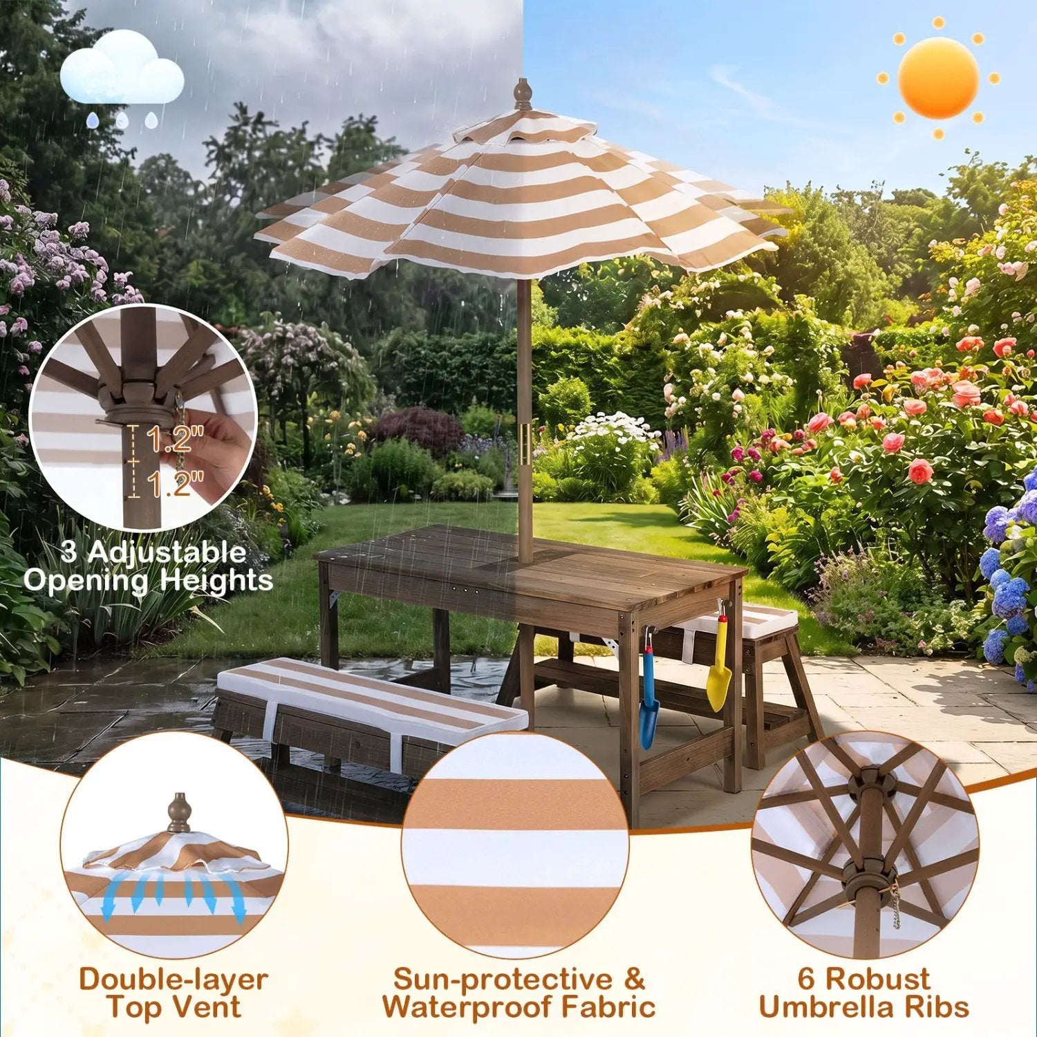 Kids Wooden Picnic Table Set with Umbrella and Sand Boxes by DirectDeals