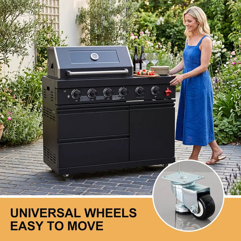 85" 4-Burner 85,000 BTU Black Outdoor Kitchen Island Grill + Storage Cabinets + Sink by Chery Industrial
