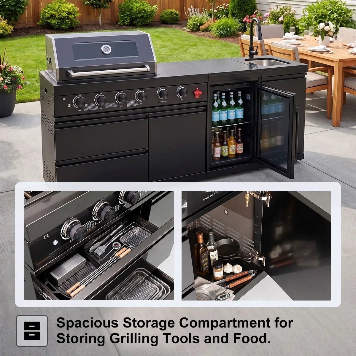 102" 6-Burner 85,000 BTU Black Outdoor Kitchen Island Grill + Refrigerator + Marble Countertops + Sink by Chery Industrial