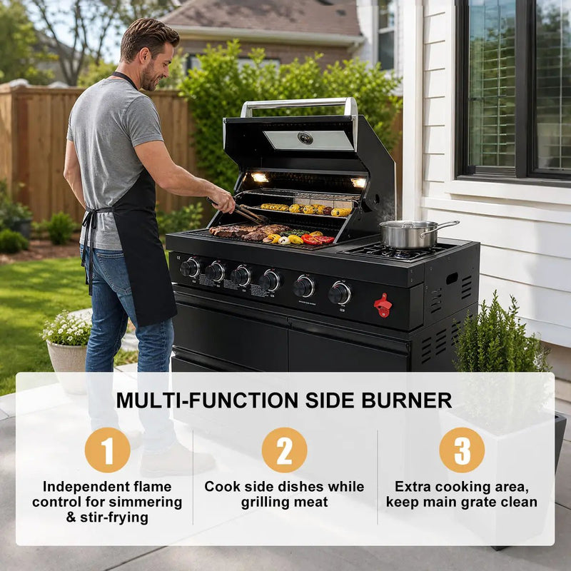 85" 4-Burner 85,000 BTU Black Outdoor Kitchen Island Grill + Storage Cabinets + Sink by Chery Industrial