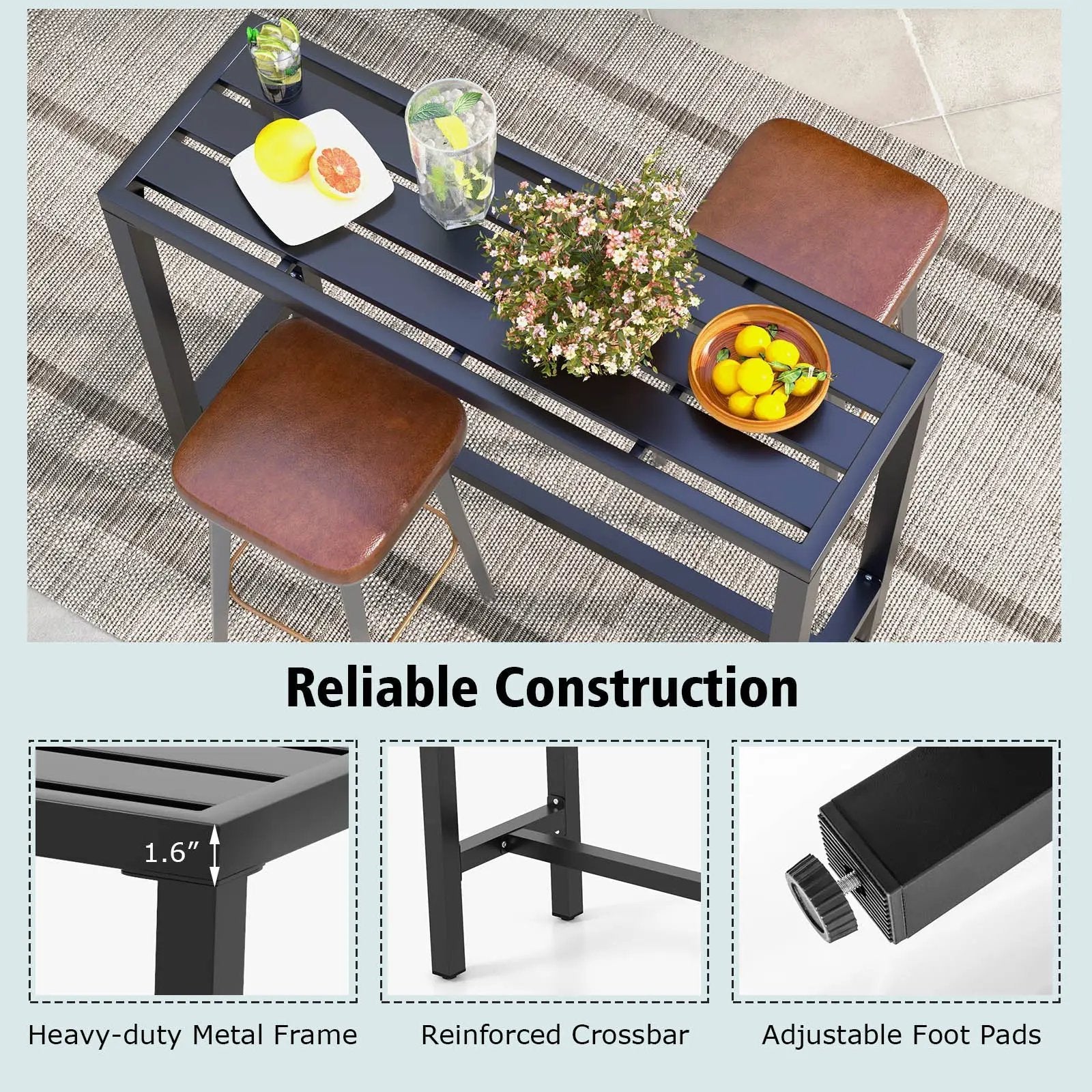 48/55 Inch Outdoor Bar Table with Waterproof Top and Heavy-duty Metal Frame by DirectDeals