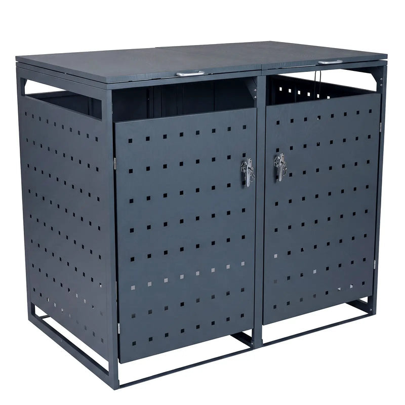 Outdoor Metal Garbage Bin Storage Shed for 2 Trash Cans Double Trash Can Enclosure-Gray by DirectDeals