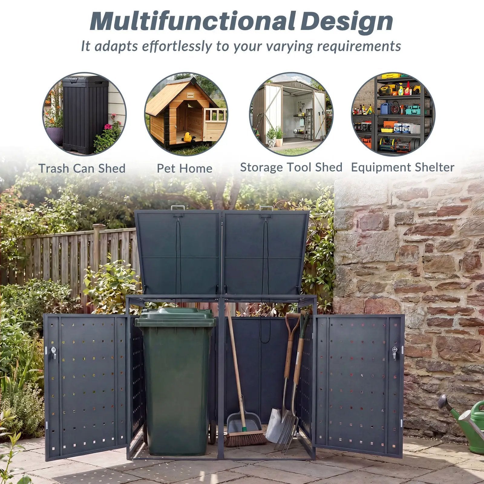 Outdoor Metal Garbage Bin Storage Shed for 2 Trash Cans Double Trash Can Enclosure-Gray by DirectDeals