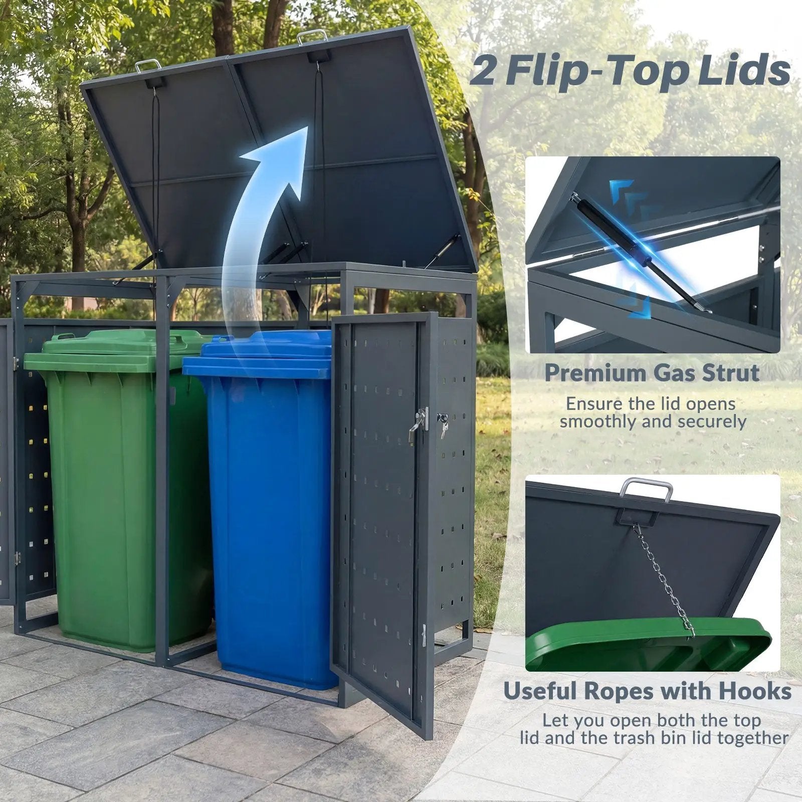Outdoor Metal Garbage Bin Storage Shed for 2 Trash Cans Double Trash Can Enclosure-Gray by DirectDeals