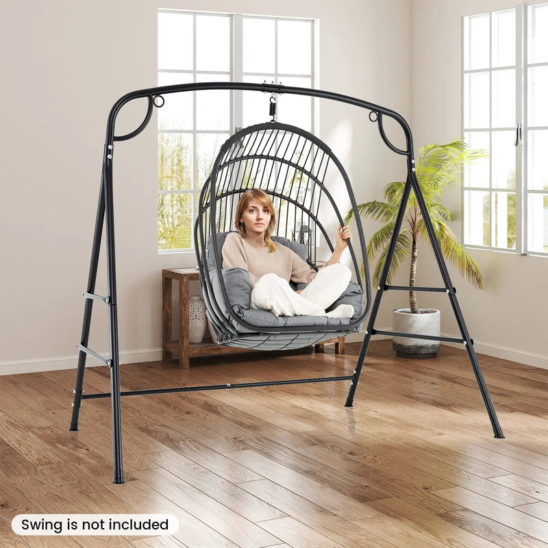 Outdoor Metal Swing Stand with 4 Support Bars and 2 Hanging Ways-Black by DirectDeals